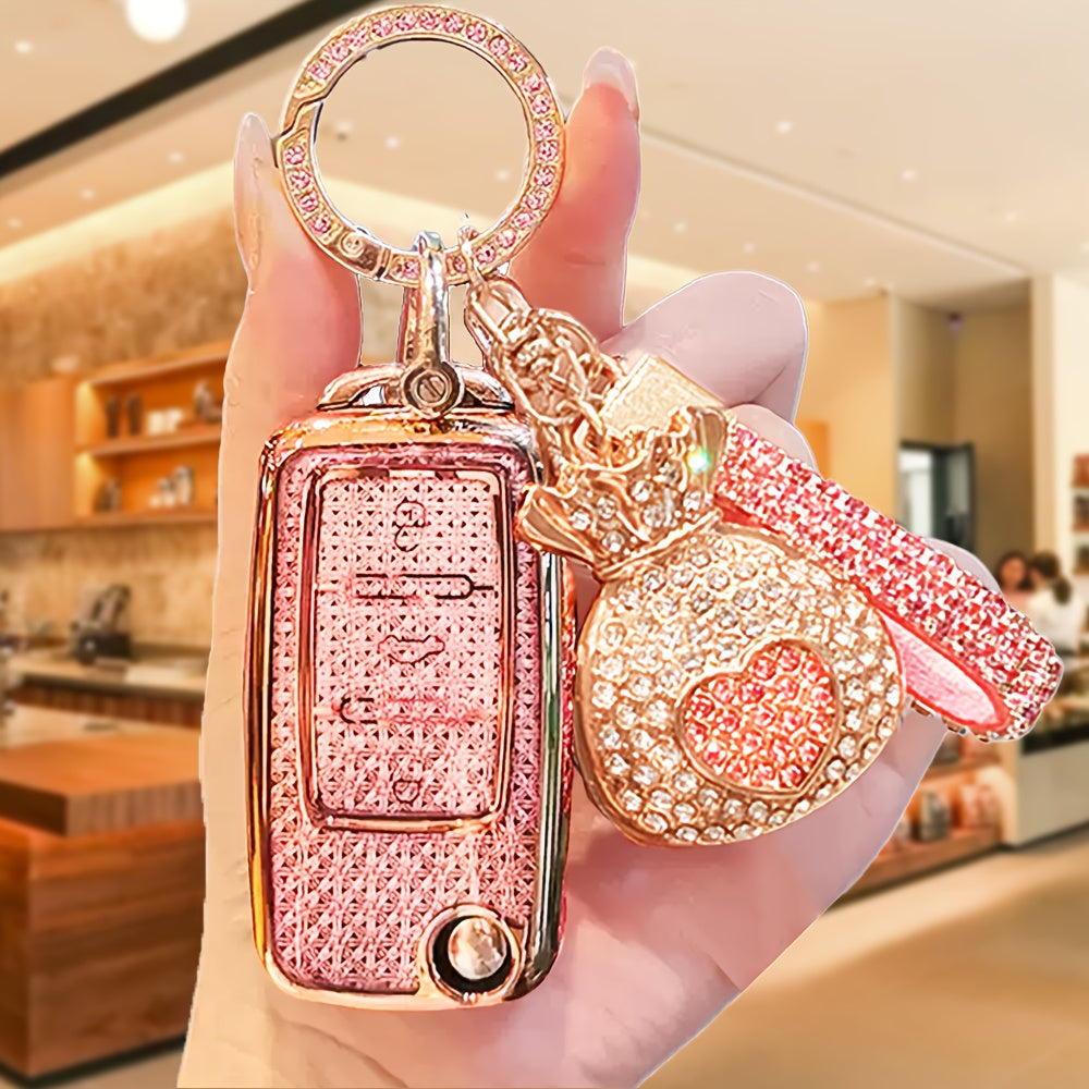 For Volkswagen TPU Car Key Fob Cover with Diamond Pattern, Special Buckle Design, Includes Rhinestone Keychain & Heart-Shaped Charm, Compatible with Sprint Boraie Lavida Golf Polo Models